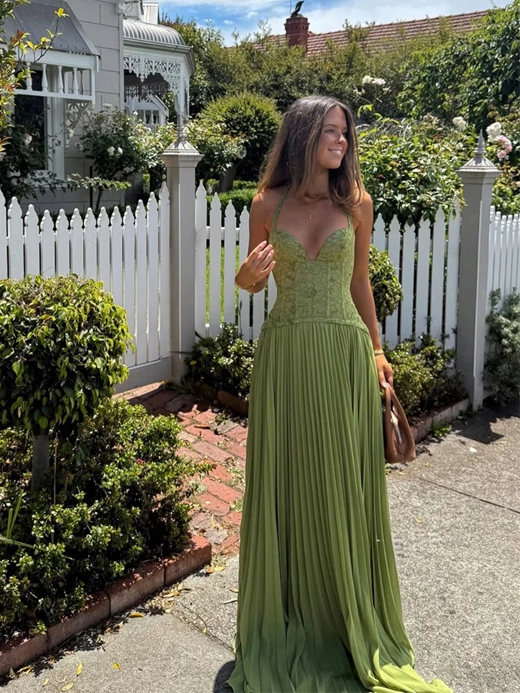 Sofia Lace Corset Halter Pleated Maxi Dress