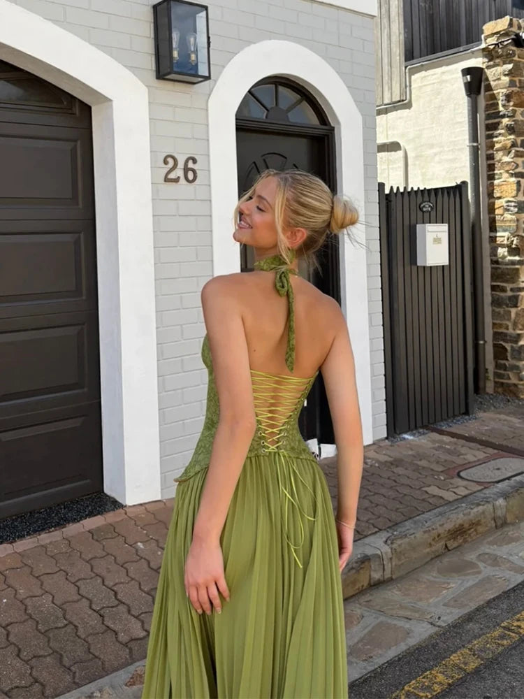 Sofia Lace Corset Halter Pleated Maxi Dress