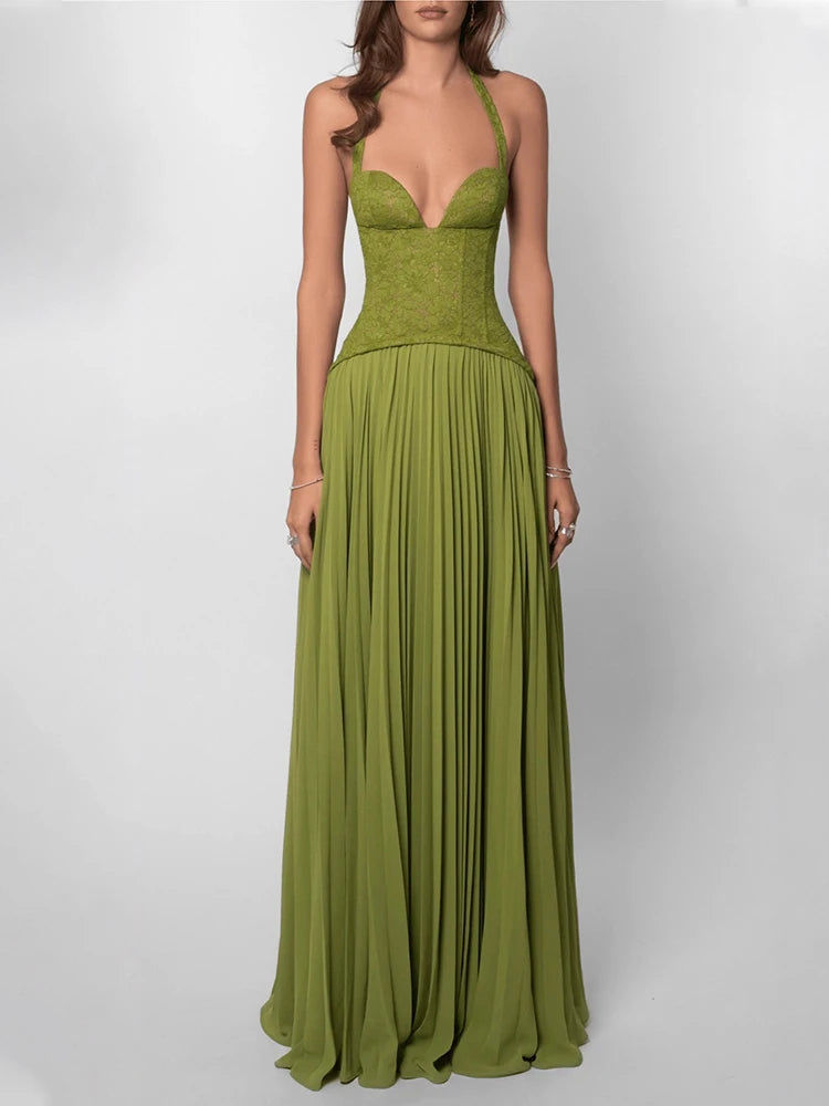 Sofia Lace Corset Halter Pleated Maxi Dress - Olive Green