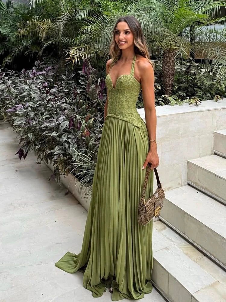 Sofia Lace Corset Halter Pleated Maxi Dress