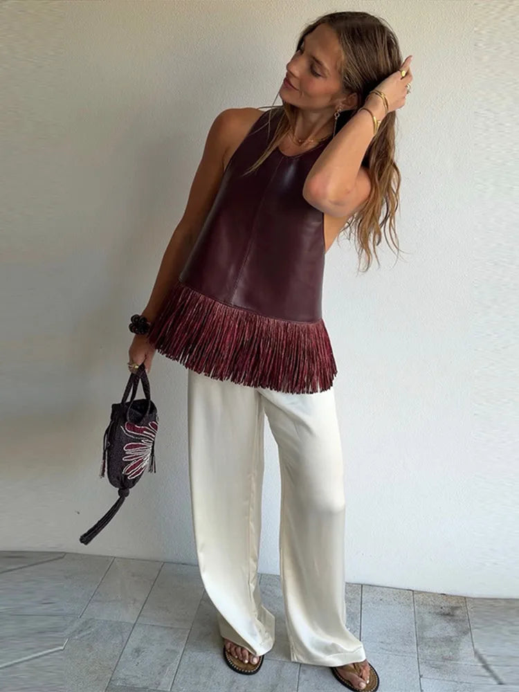 Mira Fringe Faux Leather Halter Top