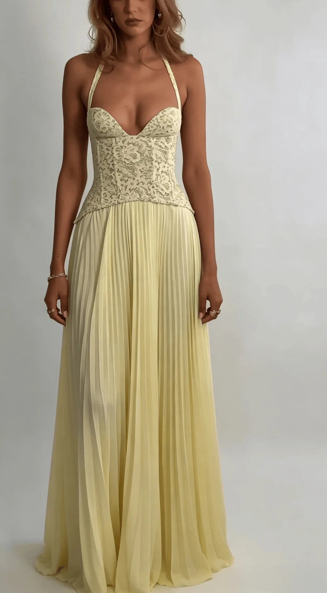 Sofia Lace Corset Halter Pleated Maxi Dress - Yellow