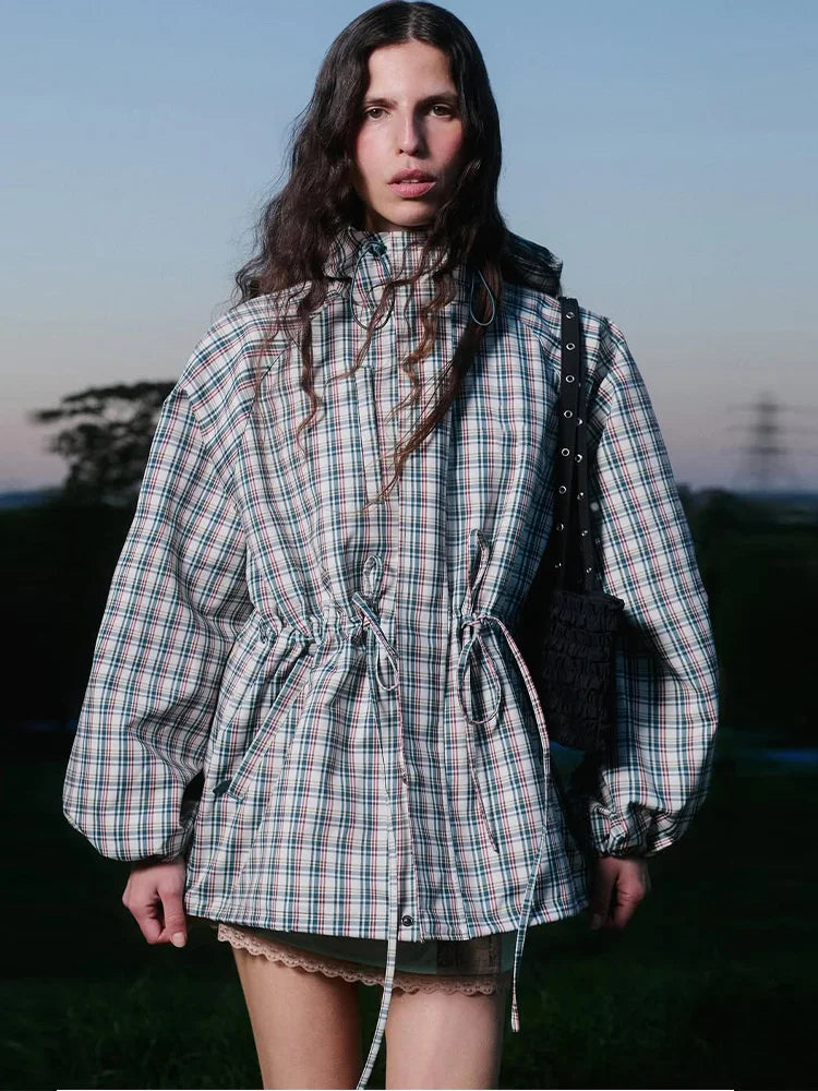 Elin Retro Check Drawstring Hooded Jacket