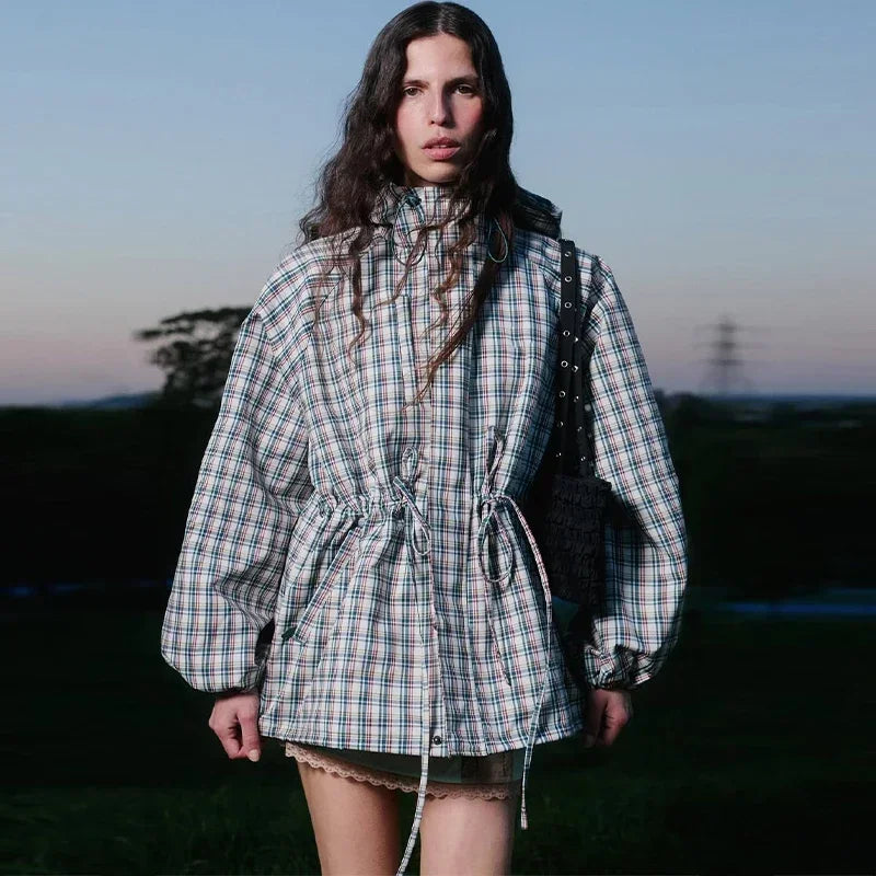 Elin Retro Check Drawstring Hooded Jacket - Green Check