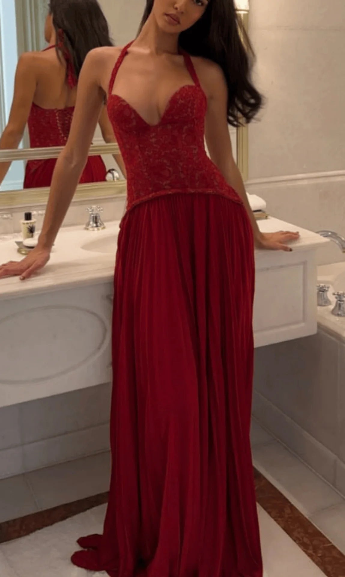 Sofia Lace Corset Halter Pleated Maxi Dress - Red