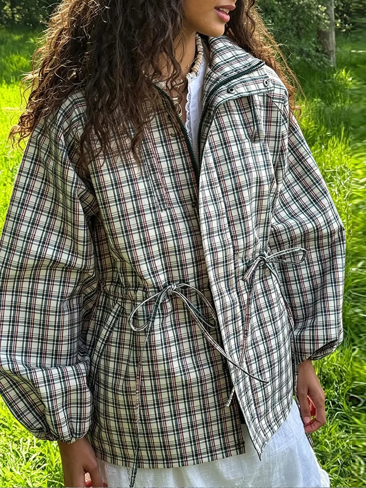 Elin Retro Check Drawstring Hooded Jacket