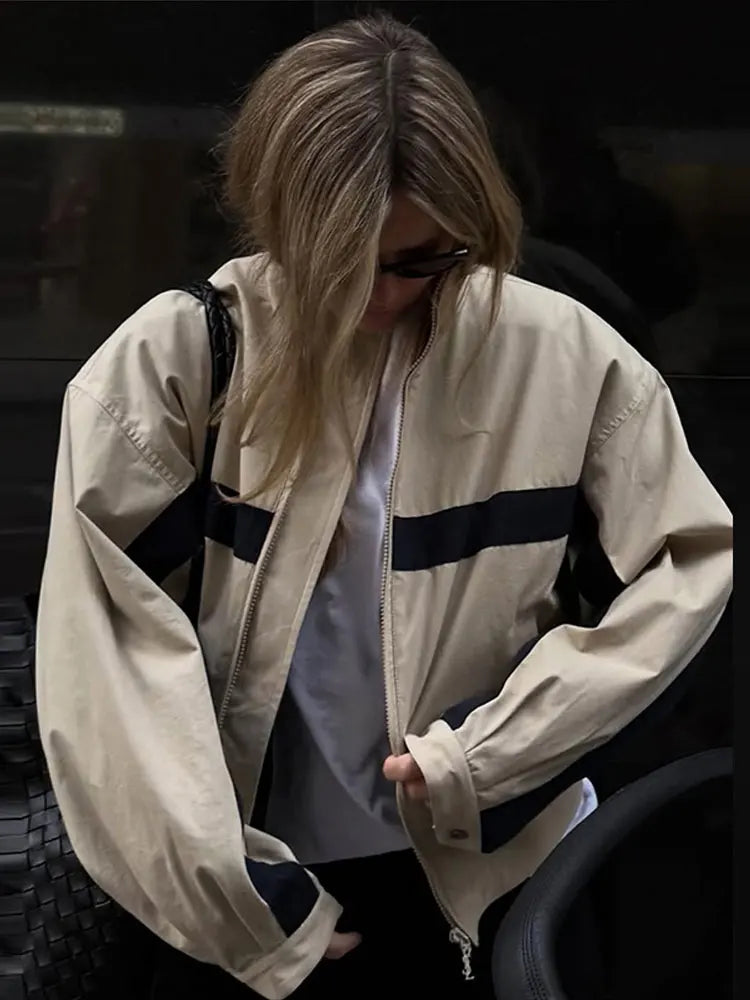 Jade Colorblock Stand Collar Bomber Jacket