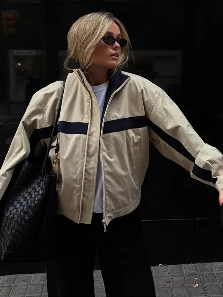 Jade Colorblock Stand Collar Bomber Jacket