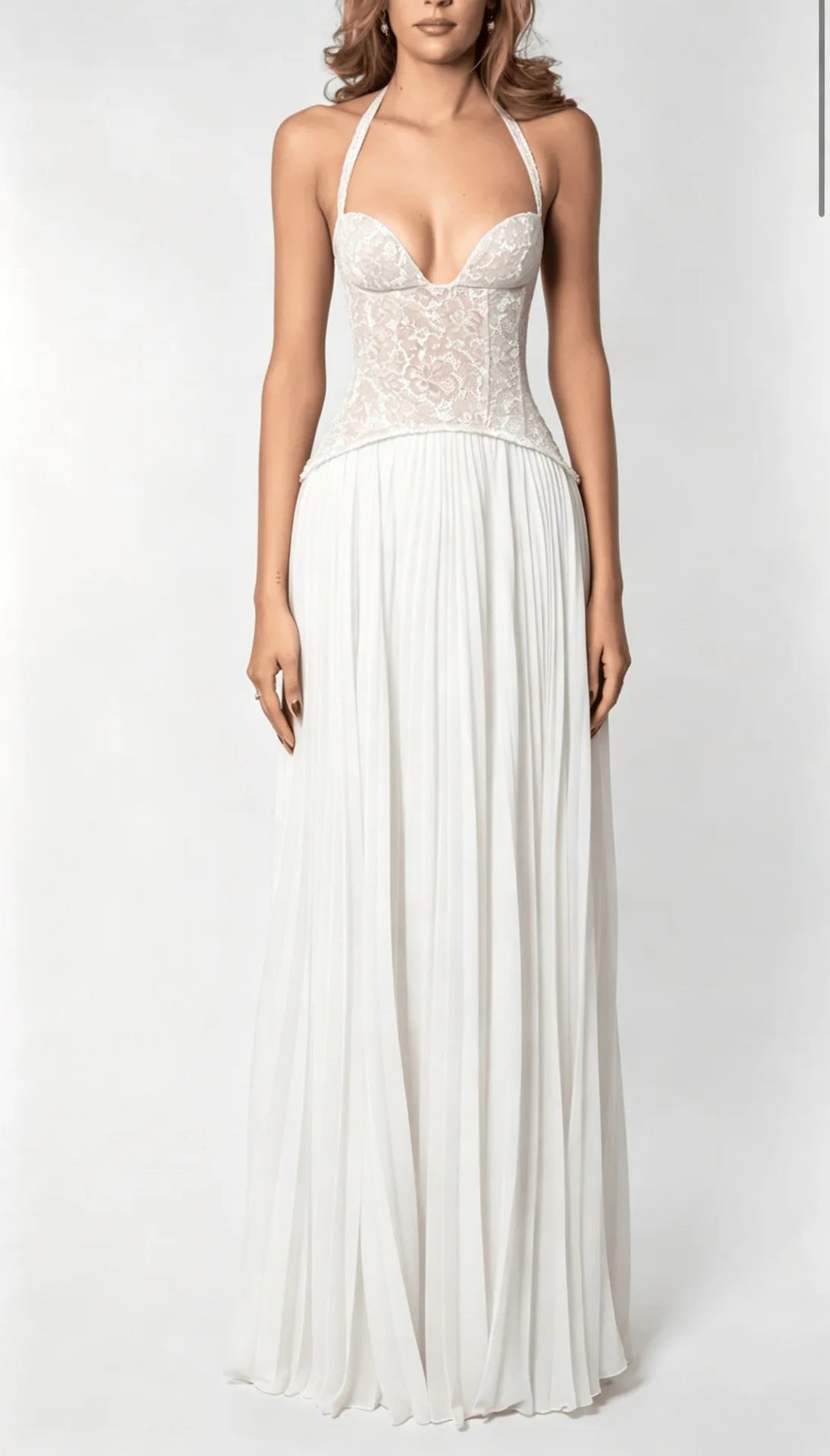 Sofia Lace Corset Halter Pleated Maxi Dress - White