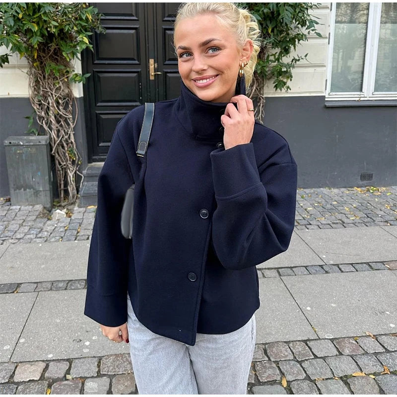 Clea Stand Collar Cropped Jacket - Navy
