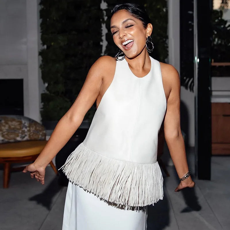 Mira Fringe Faux Leather Halter Top