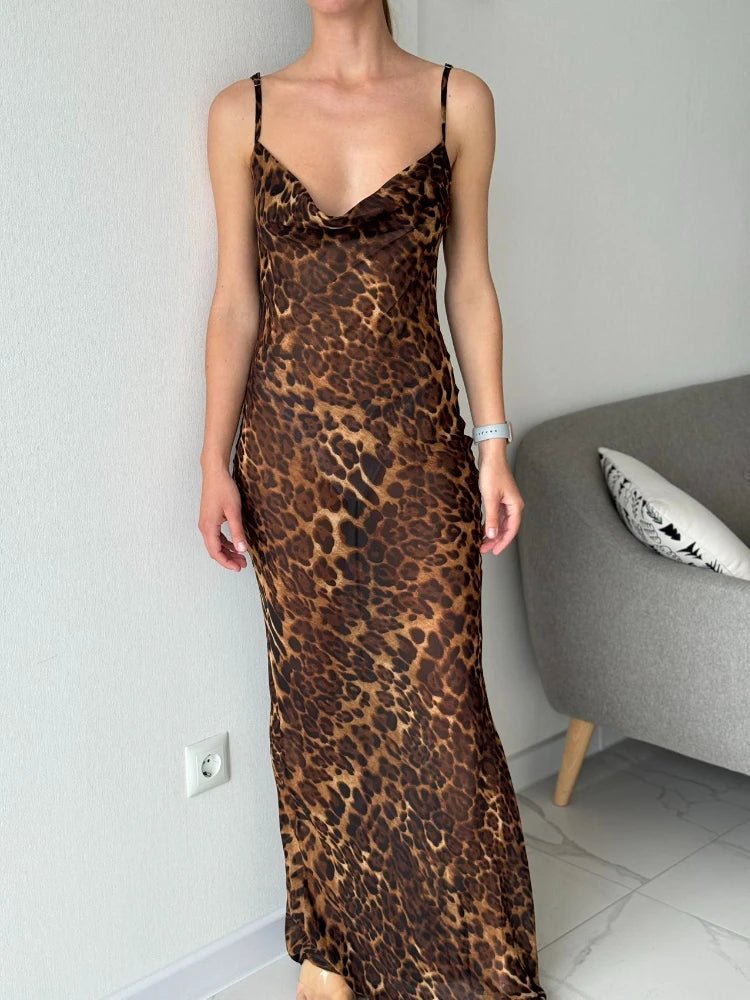 Kiara Leopard Cowl Neck Maxi Slip Dress - Laluva