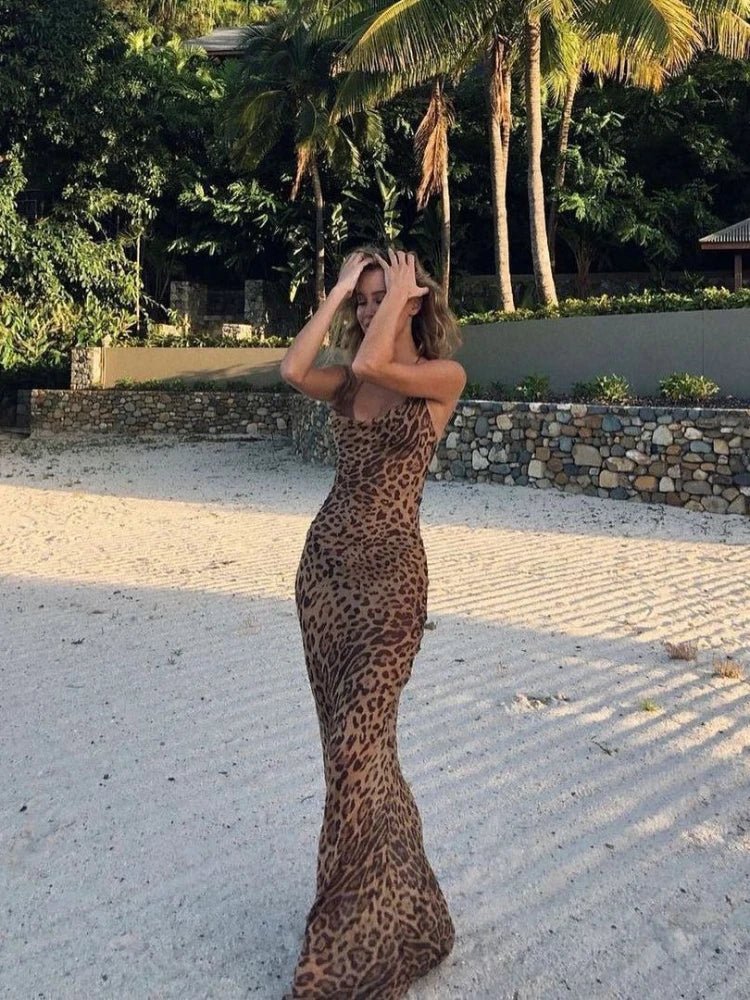 Kiara Leopard Cowl Neck Maxi Slip Dress - Laluva