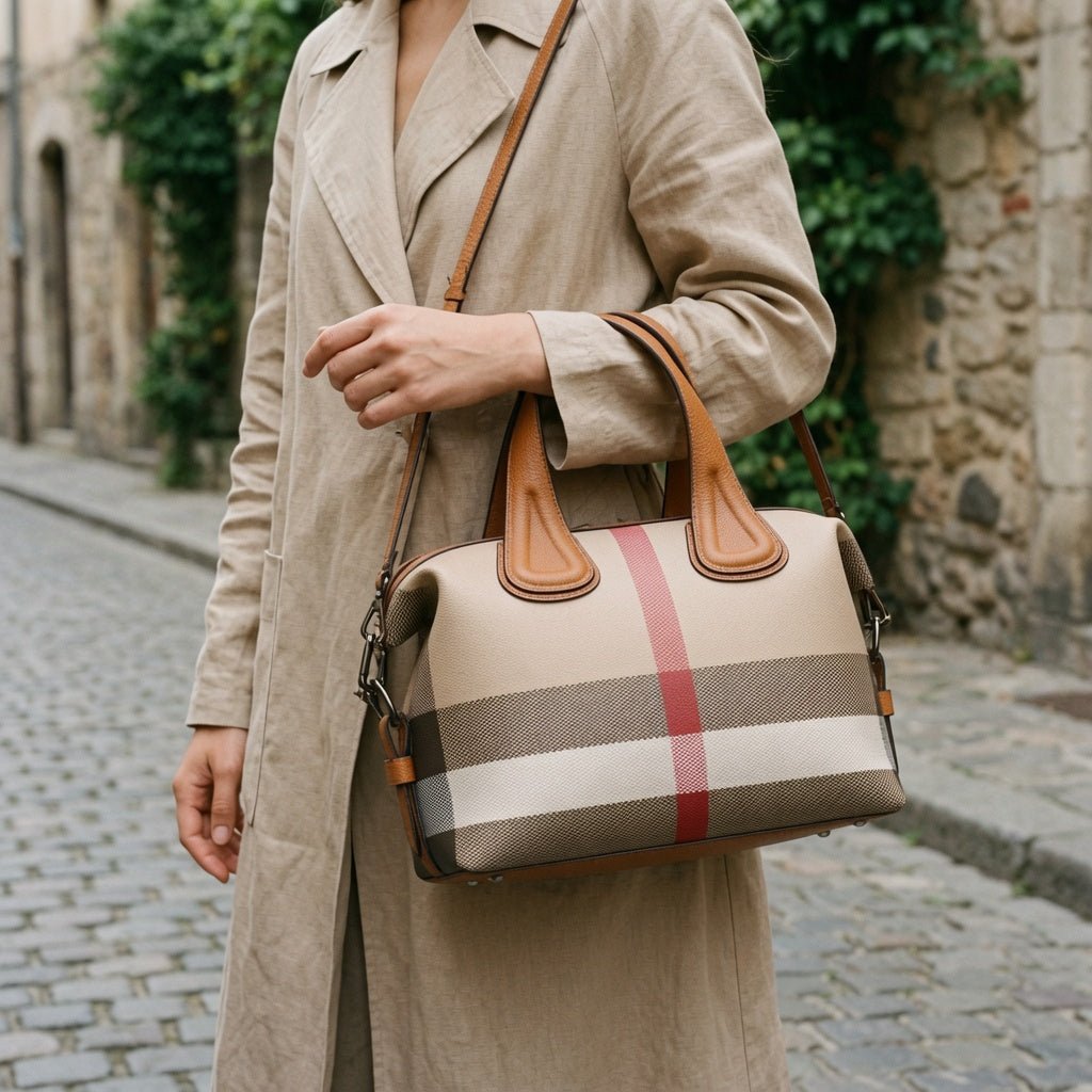 Leona Classic Plaid Vegan Leather Tote Bag - Laluva